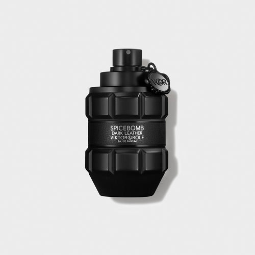 Bold, grenade-shaped bottle of Spicebomb Dark Leather Eau de Parfum by Viktor & Rolf, featuring a sleek black design.