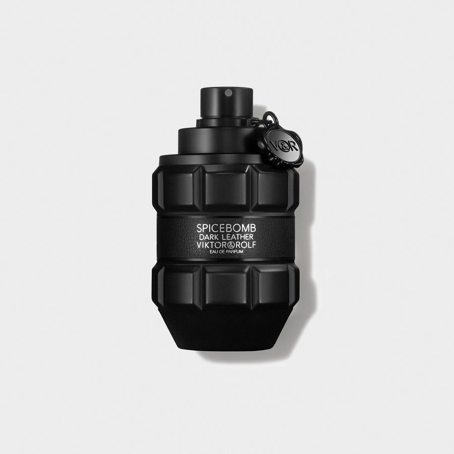 Bold, grenade-shaped bottle of Spicebomb Dark Leather Eau de Parfum by Viktor & Rolf, featuring a sleek black design.
