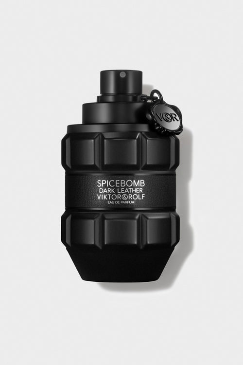 Bold, grenade-shaped bottle of Spicebomb Dark Leather Eau de Parfum by Viktor & Rolf, featuring a sleek black design.