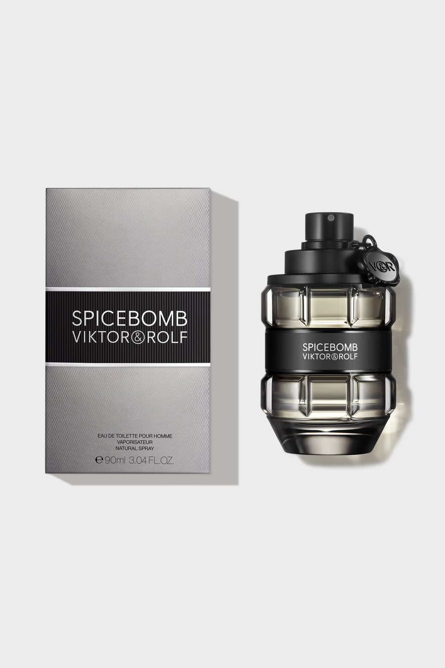 Spicebomb Eau de Toilette for men by Viktor & Rolf, in a grenade-shaped bottle with black and silver design, exuding warm, spicy notes.