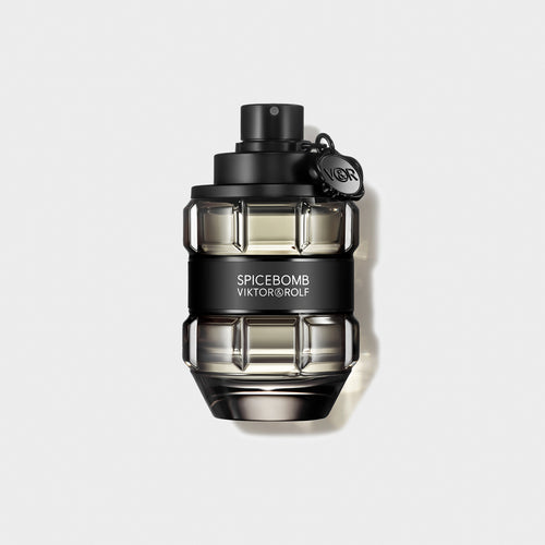 Spicebomb Eau de Toilette for men by Viktor & Rolf, in a grenade-shaped bottle with black and silver design, exuding warm, spicy notes.