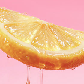 Sliced lemon with droplets on a pink background