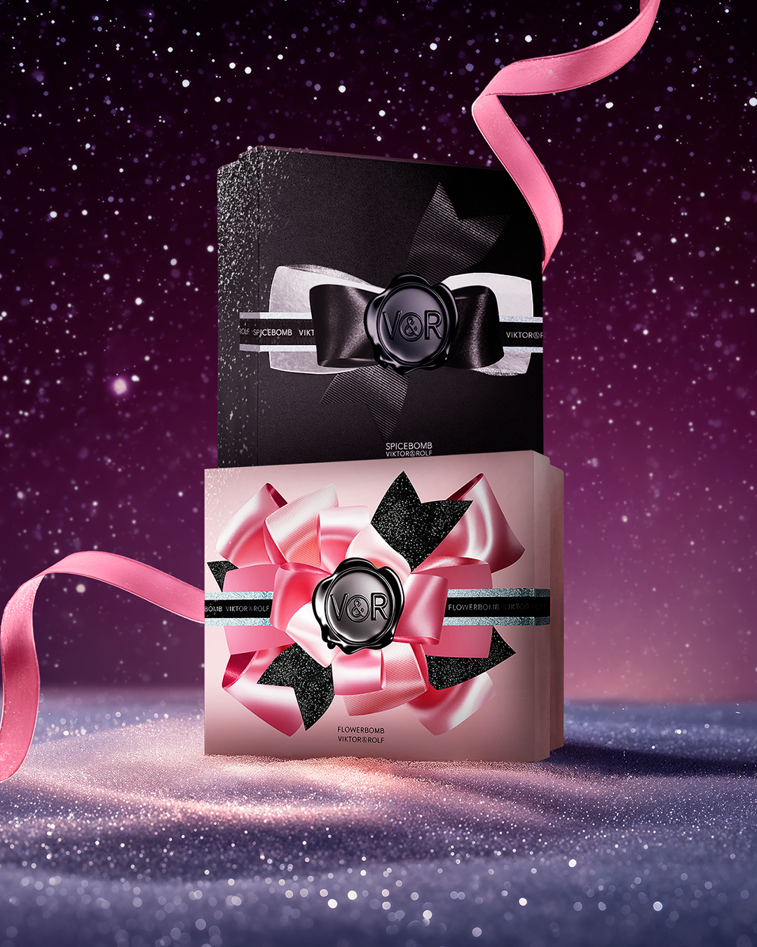 Two gift boxes with decorative bows and ribbons on a purple gradient background