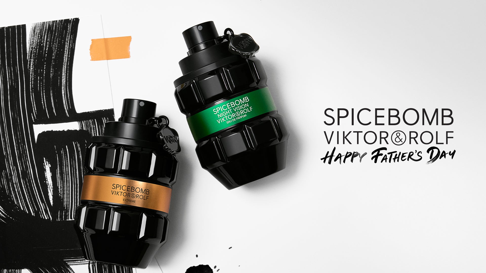Two black Spicebomb Viktor & Rolf cologne bottles on a white background with 'Happy Father's Day' text.